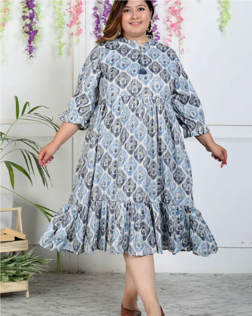 Plus Size Blue Rayon Flared Frock Style-600004
