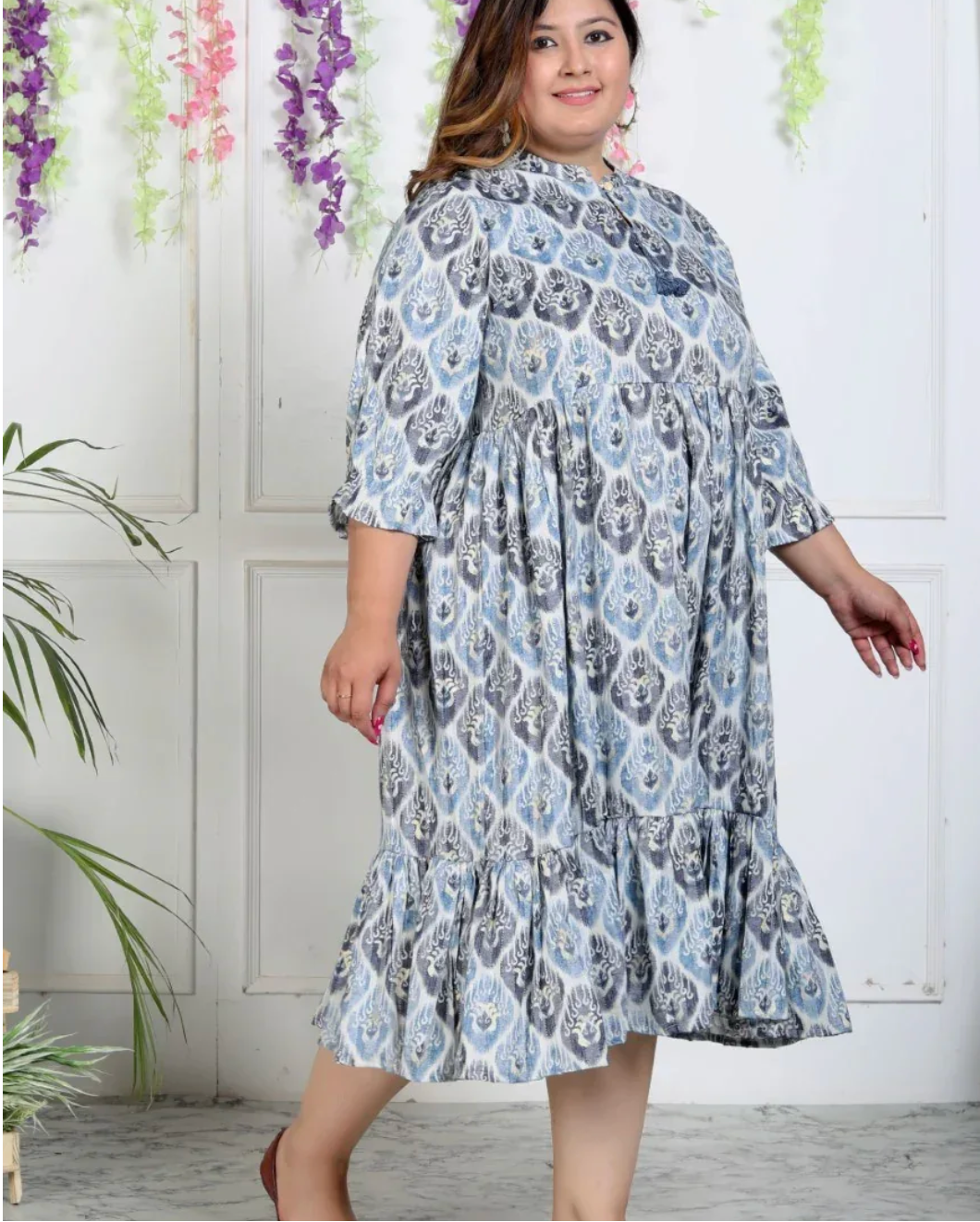 Plus Size Blue Rayon Flared Frock Style-600004