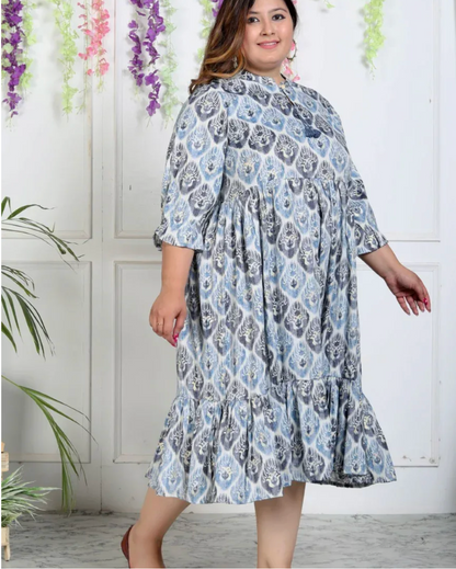 Plus Size Blue Rayon Flared Frock Style-600004