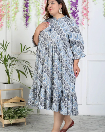 Plus Size Blue Rayon Flared Frock Style-600004