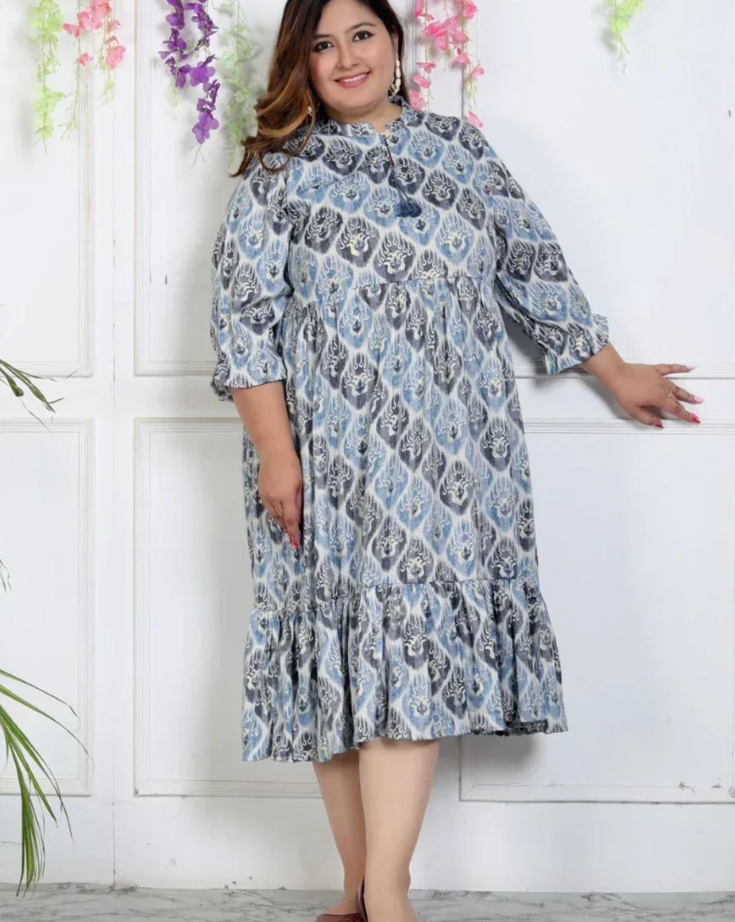 Plus Size Blue Rayon Flared Frock Style-600004