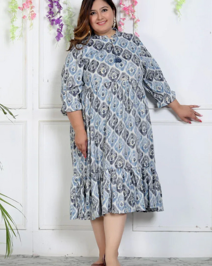 Plus Size Blue Rayon Flared Frock Style-600004