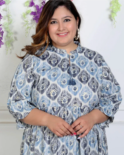 Plus Size Blue Rayon Flared Frock Style-600004