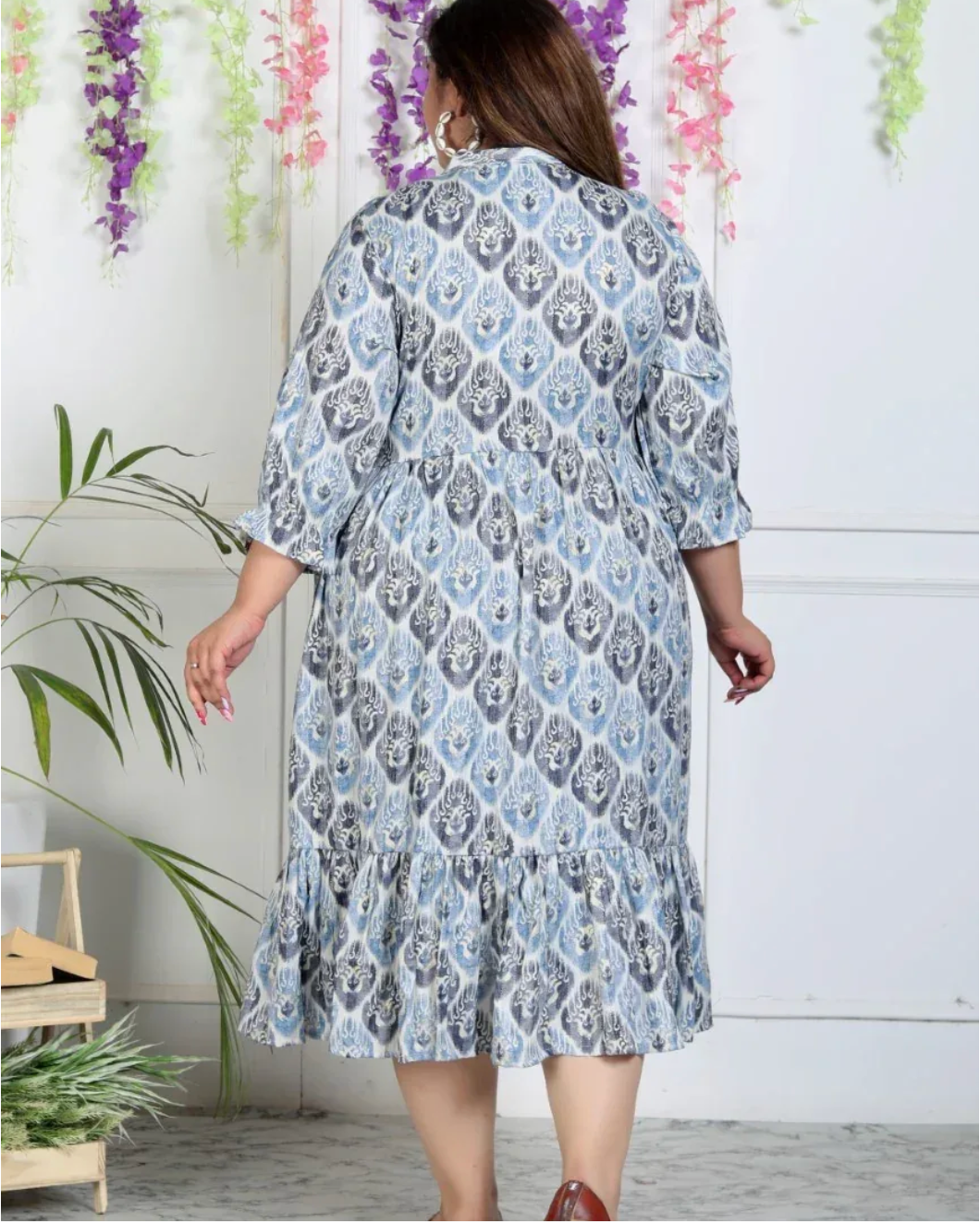 Plus Size Blue Rayon Flared Frock Style-600004