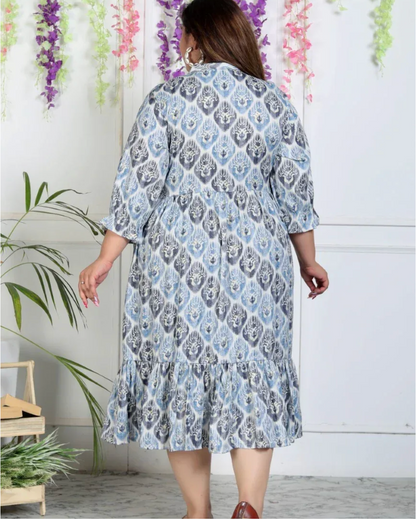 Plus Size Blue Rayon Flared Frock Style-600004