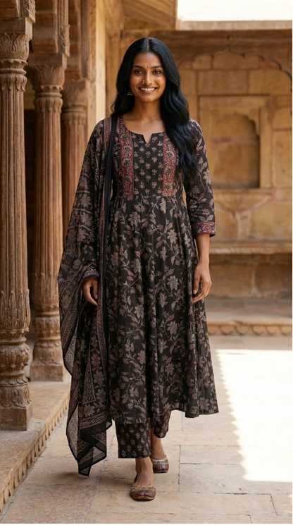 Black Cotton Anarkali Kurta Pant Set with Dupatta-250123
