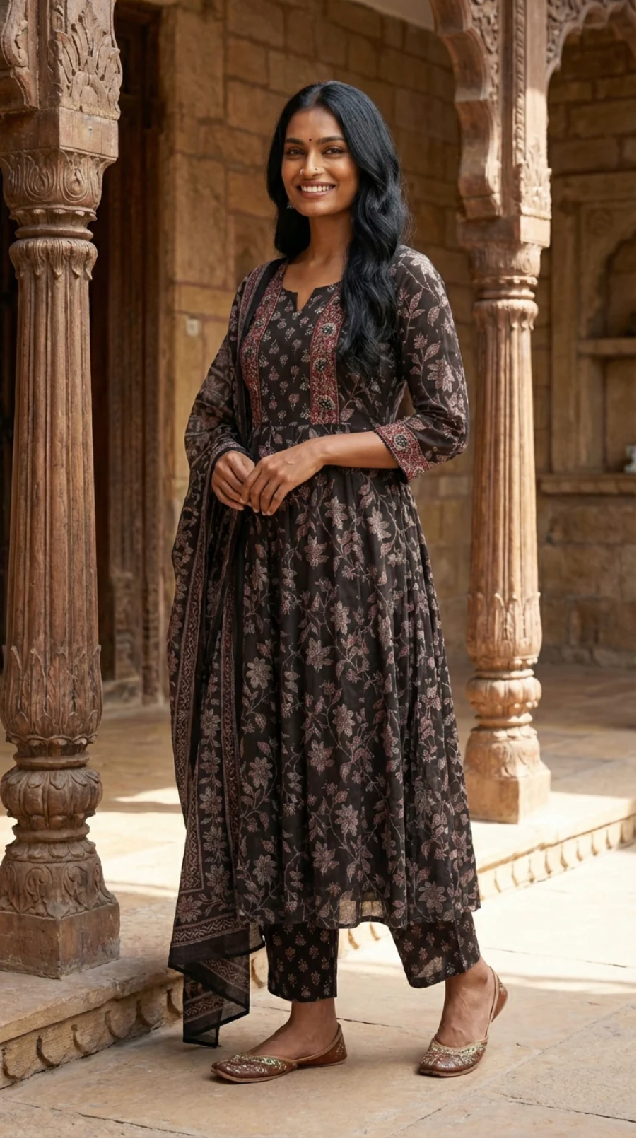 Black Cotton Anarkali Kurta Pant Set with Dupatta-250123