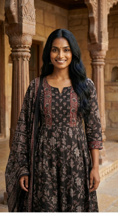 Black Cotton Anarkali Kurta Pant Set with Dupatta-250123