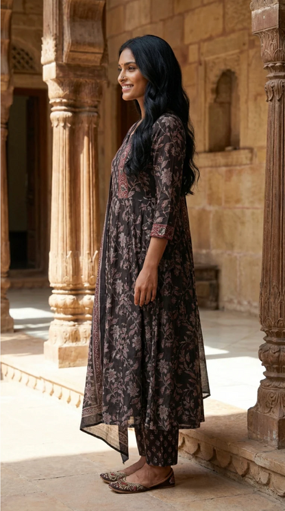 Black Cotton Anarkali Kurta Pant Set with Dupatta-250123