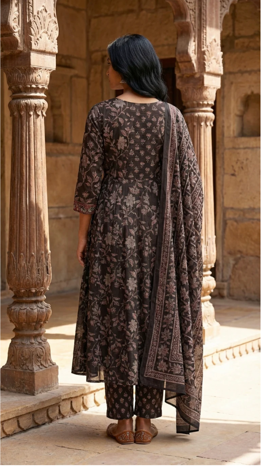 Black Cotton Anarkali Kurta Pant Set with Dupatta-250123