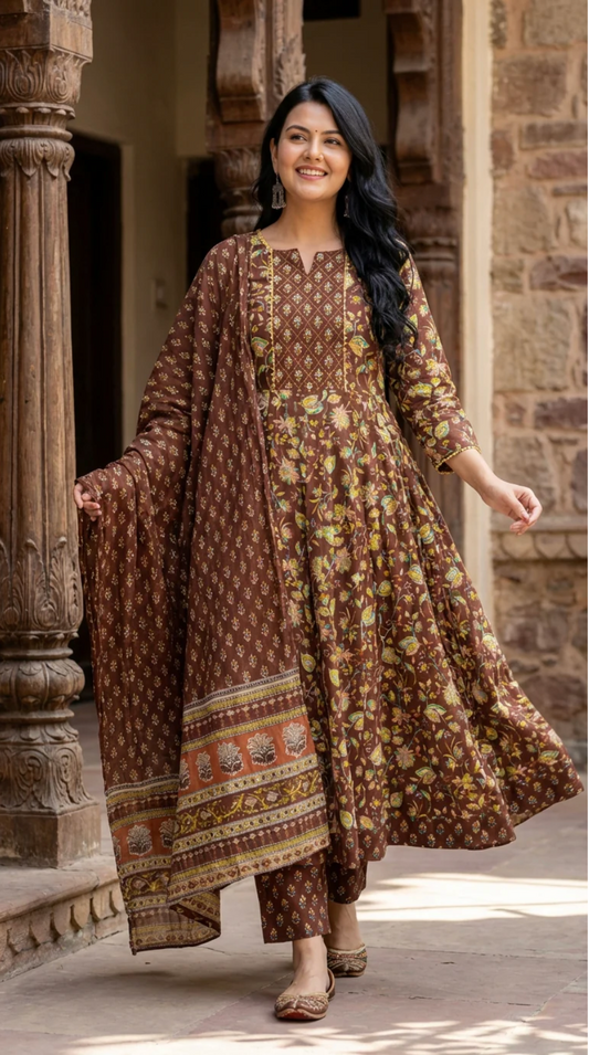 Brown Cotton Anarkali Kurta Pant Set with Dupatta-250116