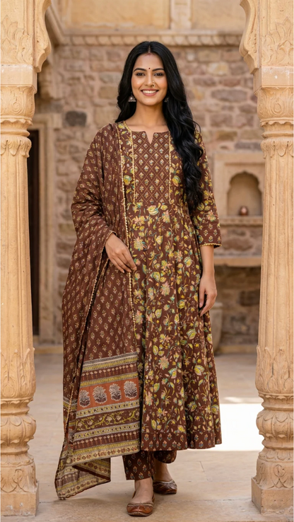 Brown Cotton Anarkali Kurta Pant Set with Dupatta-250116