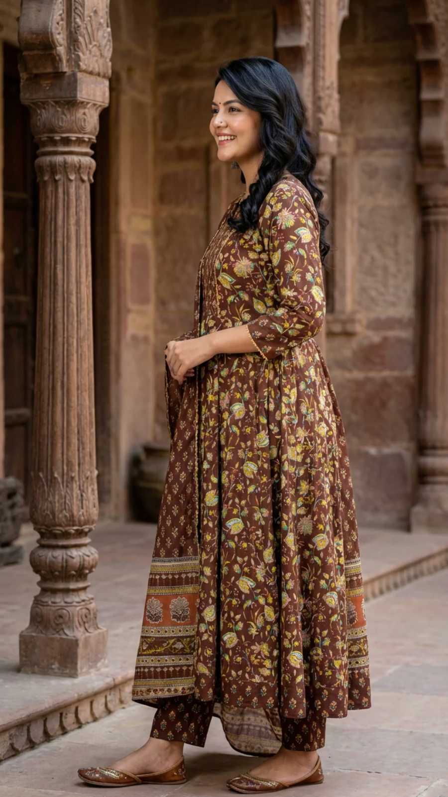 Brown Cotton Anarkali Kurta Pant Set with Dupatta-250116