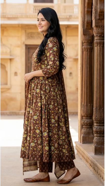 Brown Cotton Anarkali Kurta Pant Set with Dupatta-250116