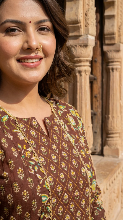 Brown Cotton Anarkali Kurta Pant Set with Dupatta-250116