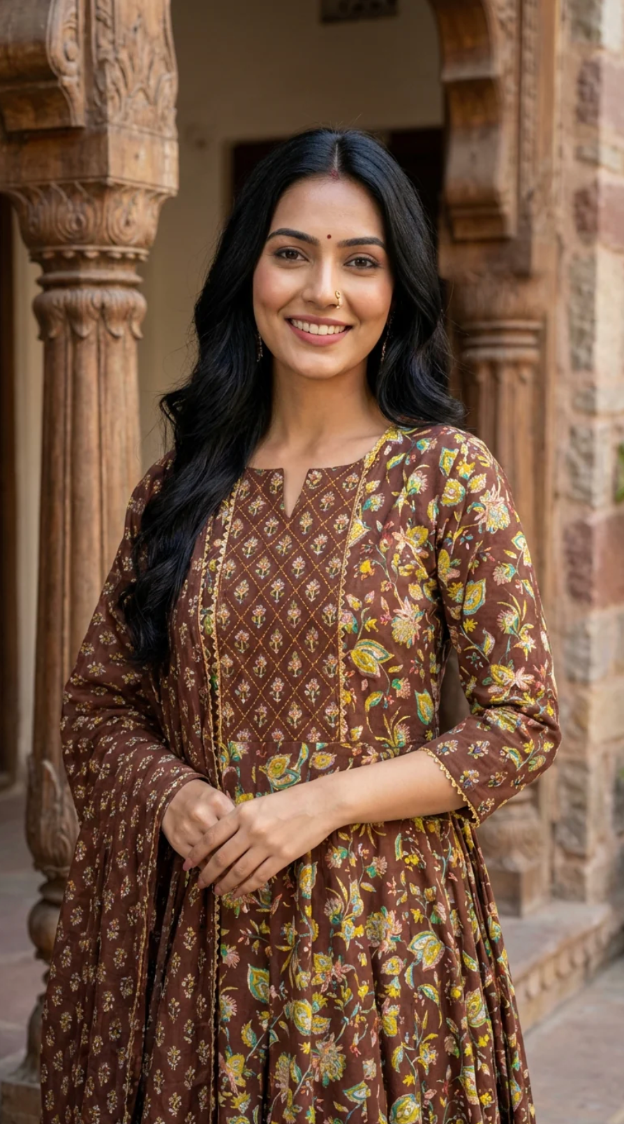 Brown Cotton Anarkali Kurta Pant Set with Dupatta-250116
