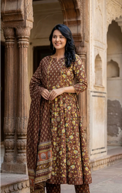 Brown Cotton Anarkali Kurta Pant Set with Dupatta-250116