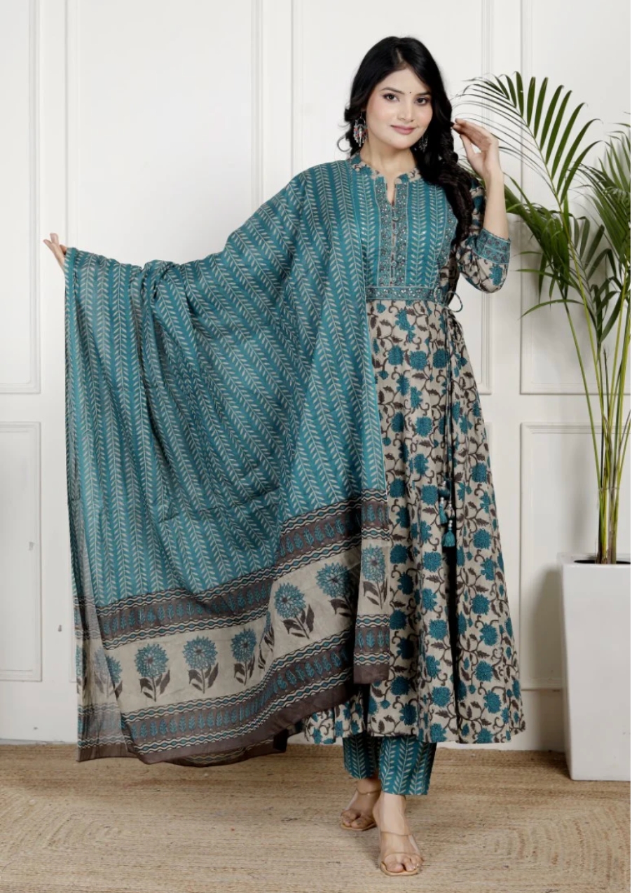 Blue Cotton Anarkali Kurta Pant Set with Dupatta-250133