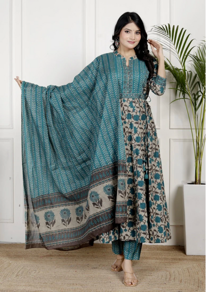 Blue Cotton Anarkali Kurta Pant Set with Dupatta-250133