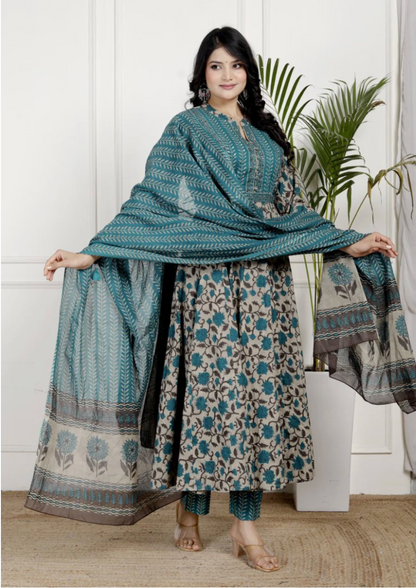 Blue Cotton Anarkali Kurta Pant Set with Dupatta-250133
