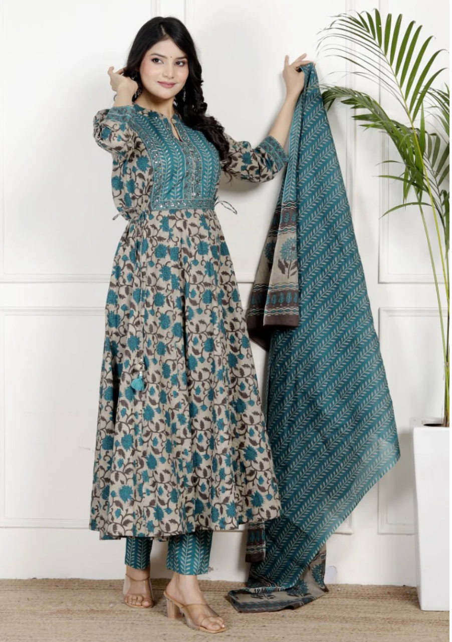 Blue Cotton Anarkali Kurta Pant Set with Dupatta-250133