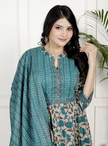 Blue Cotton Anarkali Kurta Pant Set with Dupatta-250133