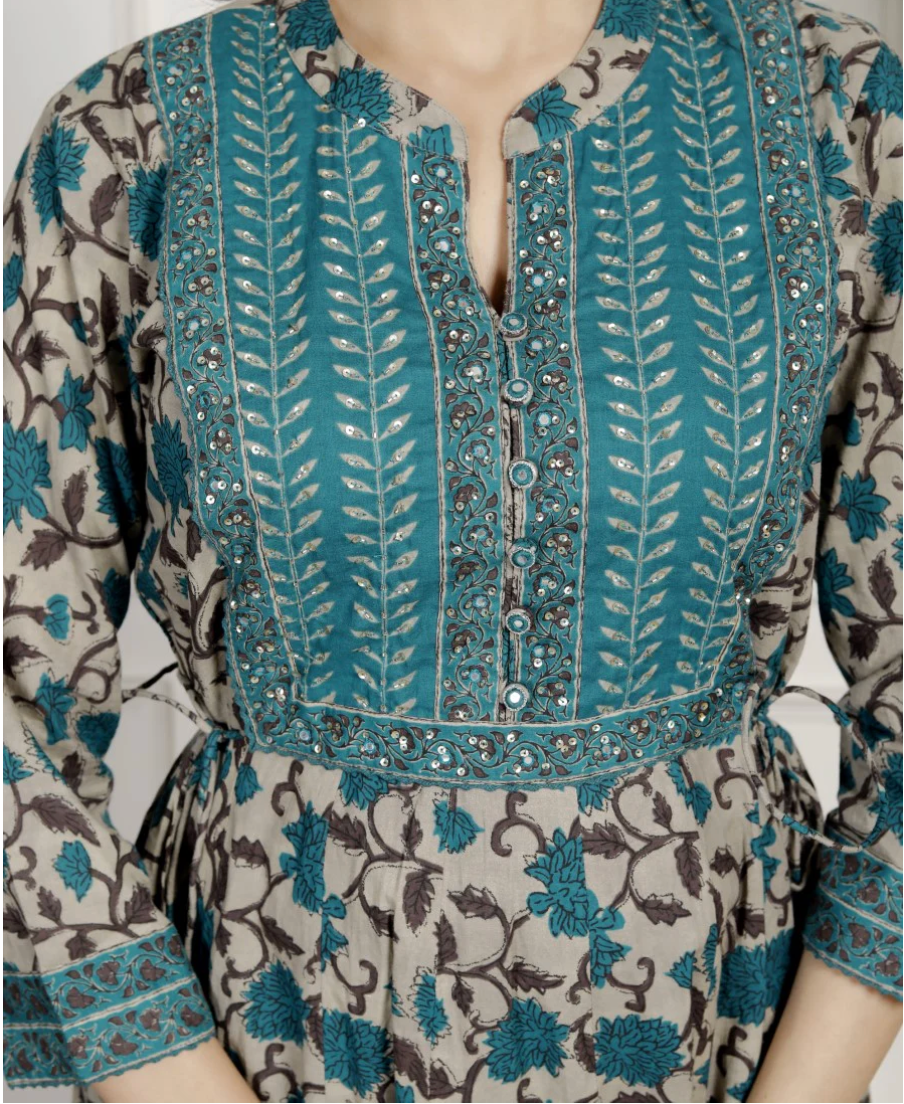 Blue Cotton Anarkali Kurta Pant Set with Dupatta-250133