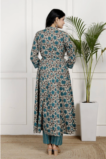Blue Cotton Anarkali Kurta Pant Set with Dupatta-250133