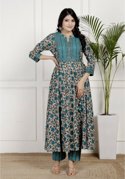 Blue Cotton Anarkali Kurta Pant Set with Dupatta-250133