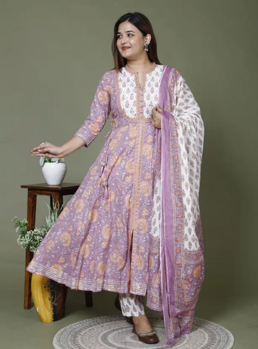 Purple Cotton Anarkali Kurta Pant Set with Dupatta-250128