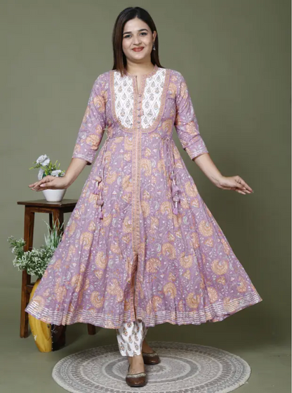 Purple Cotton Anarkali Kurta Pant Set with Dupatta-250128