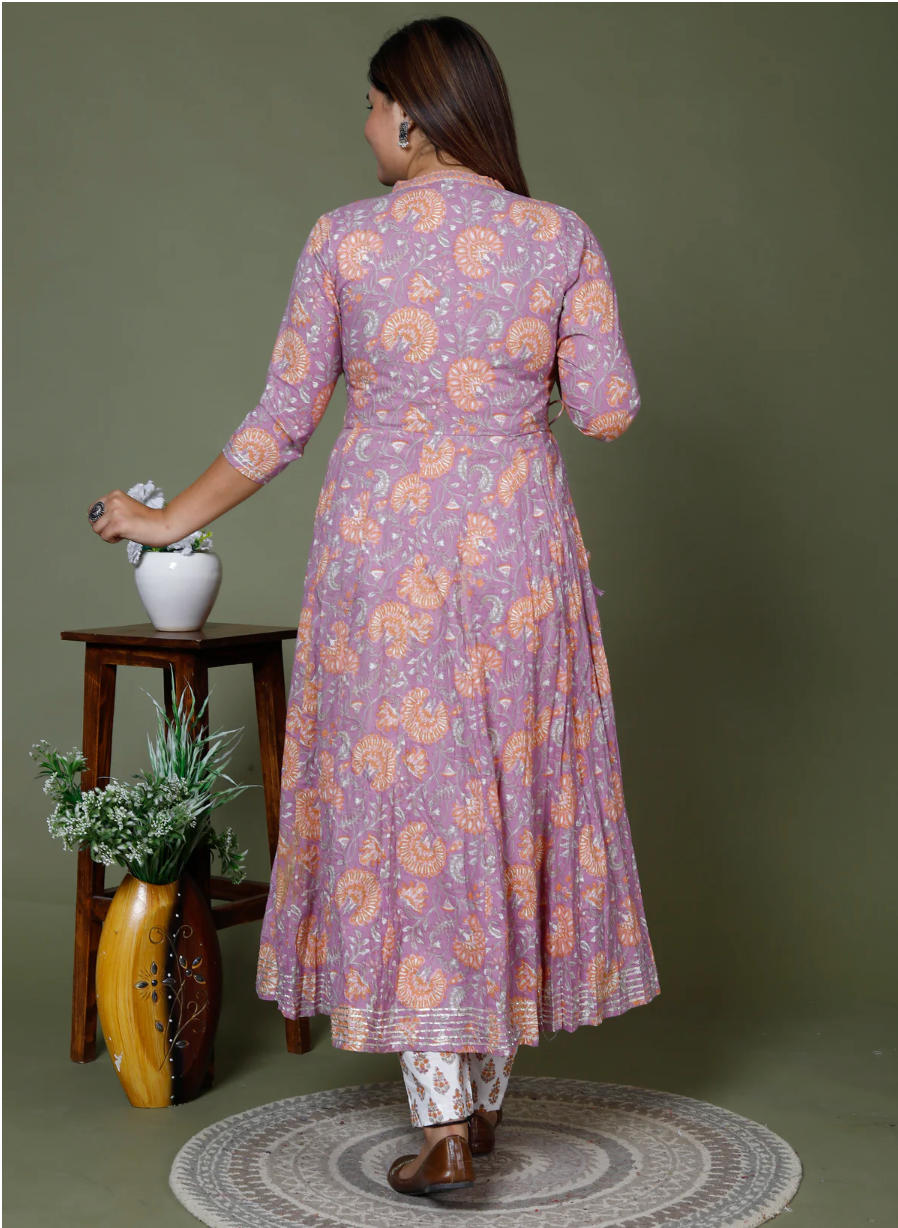 Purple Cotton Anarkali Kurta Pant Set with Dupatta-250128