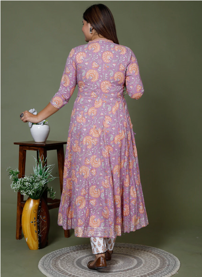 Purple Cotton Anarkali Kurta Pant Set with Dupatta-250128