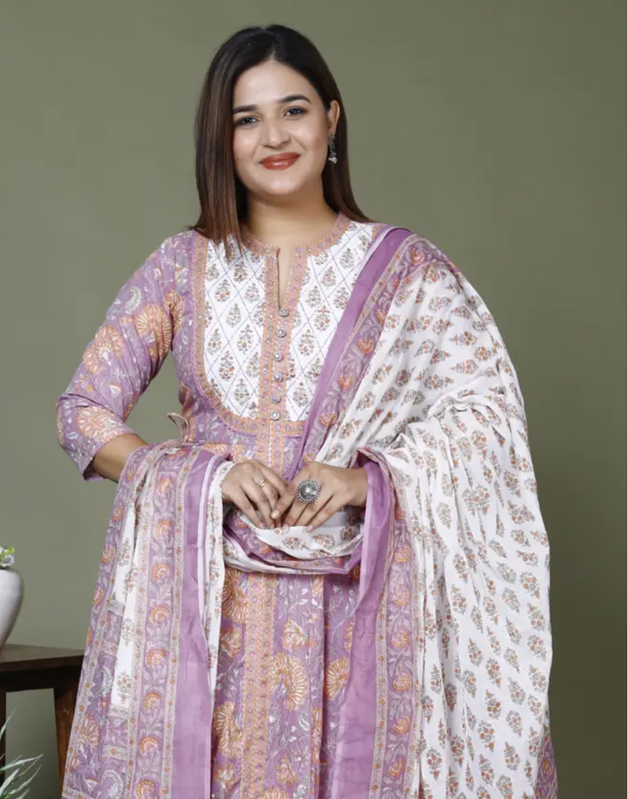 Purple Cotton Anarkali Kurta Pant Set with Dupatta-250128