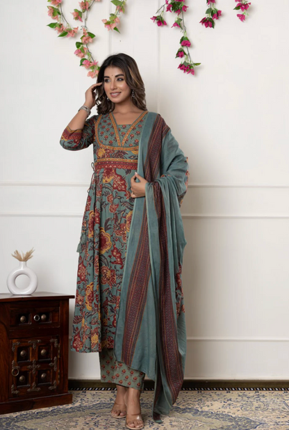 Green Cotton Anarkali Kurta Pant Set with Dupatta-250134