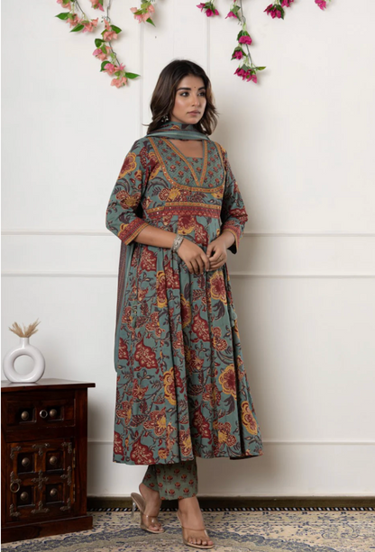 Green Cotton Anarkali Kurta Pant Set with Dupatta-250134