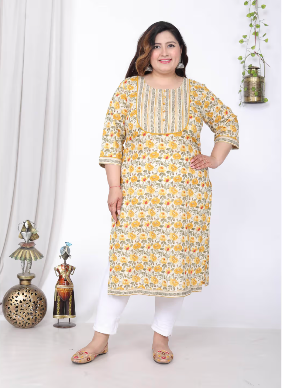 Women Plus Size Round Neck Kurta -Yellow