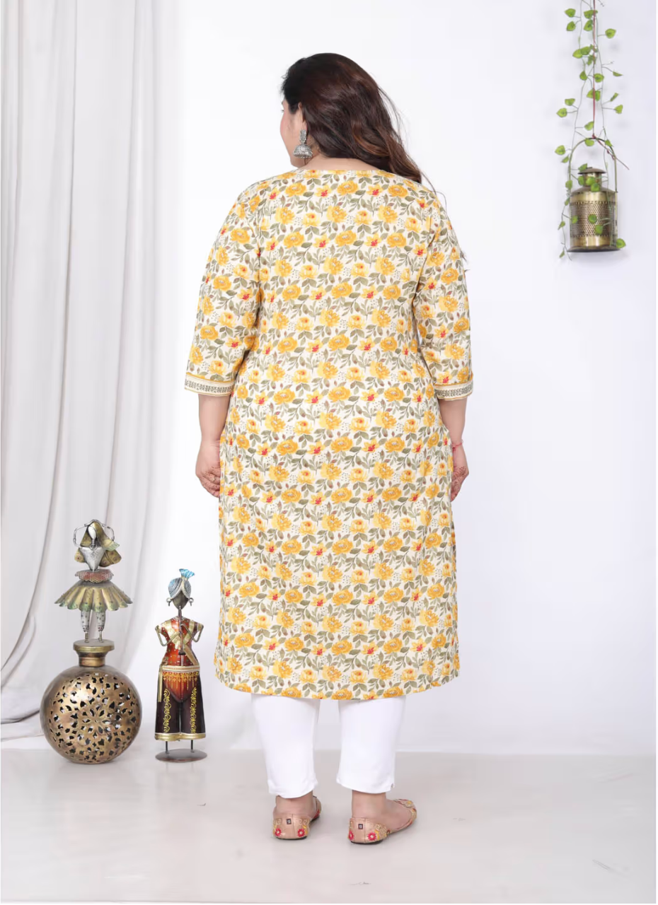 Women Plus Size Round Neck Kurta -Yellow