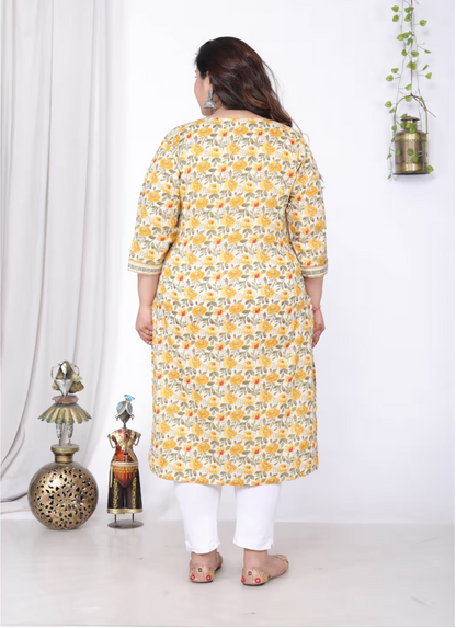 Women Plus Size Round Neck Kurta -Yellow