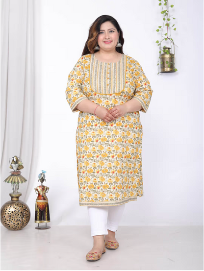 Women Plus Size Round Neck Kurta -Yellow