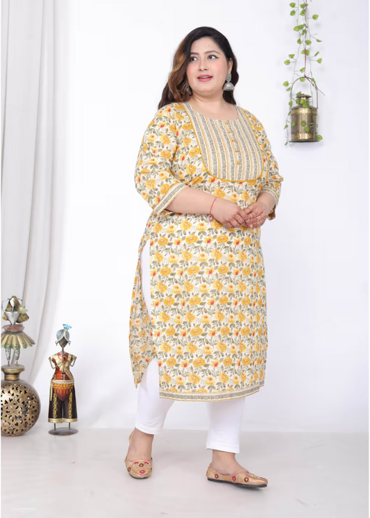 Women Plus Size Round Neck Kurta -Yellow