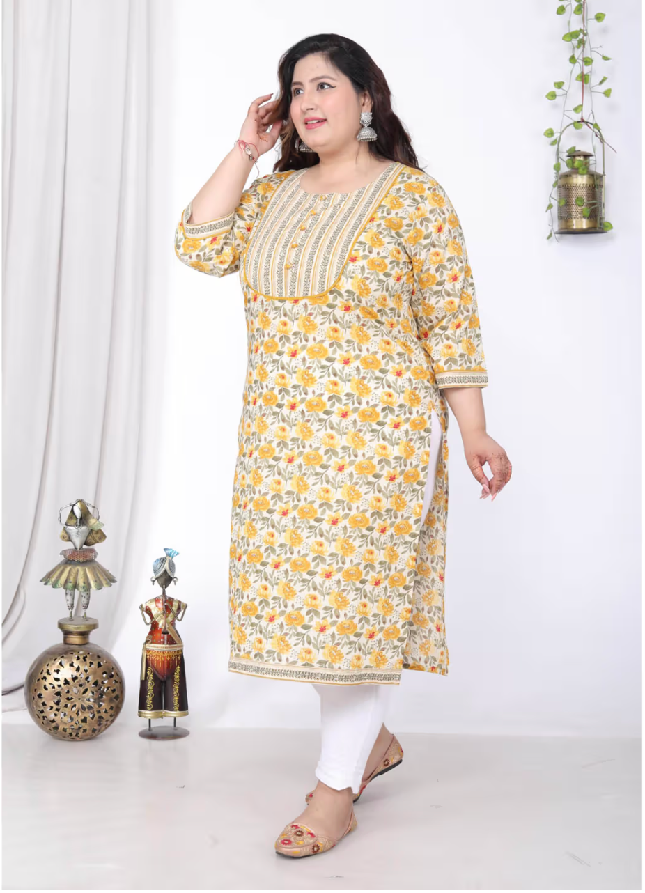 Women Plus Size Round Neck Kurta -Yellow
