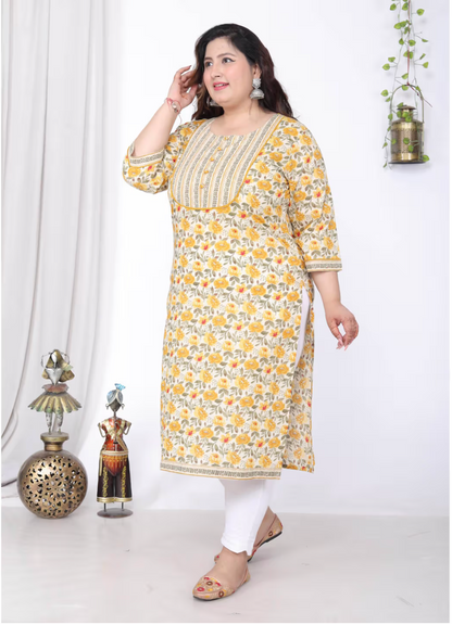 Women Plus Size Round Neck Kurta -Yellow
