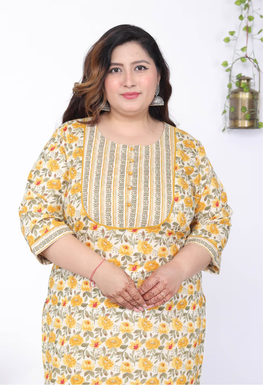 Women Plus Size Round Neck Kurta -Yellow