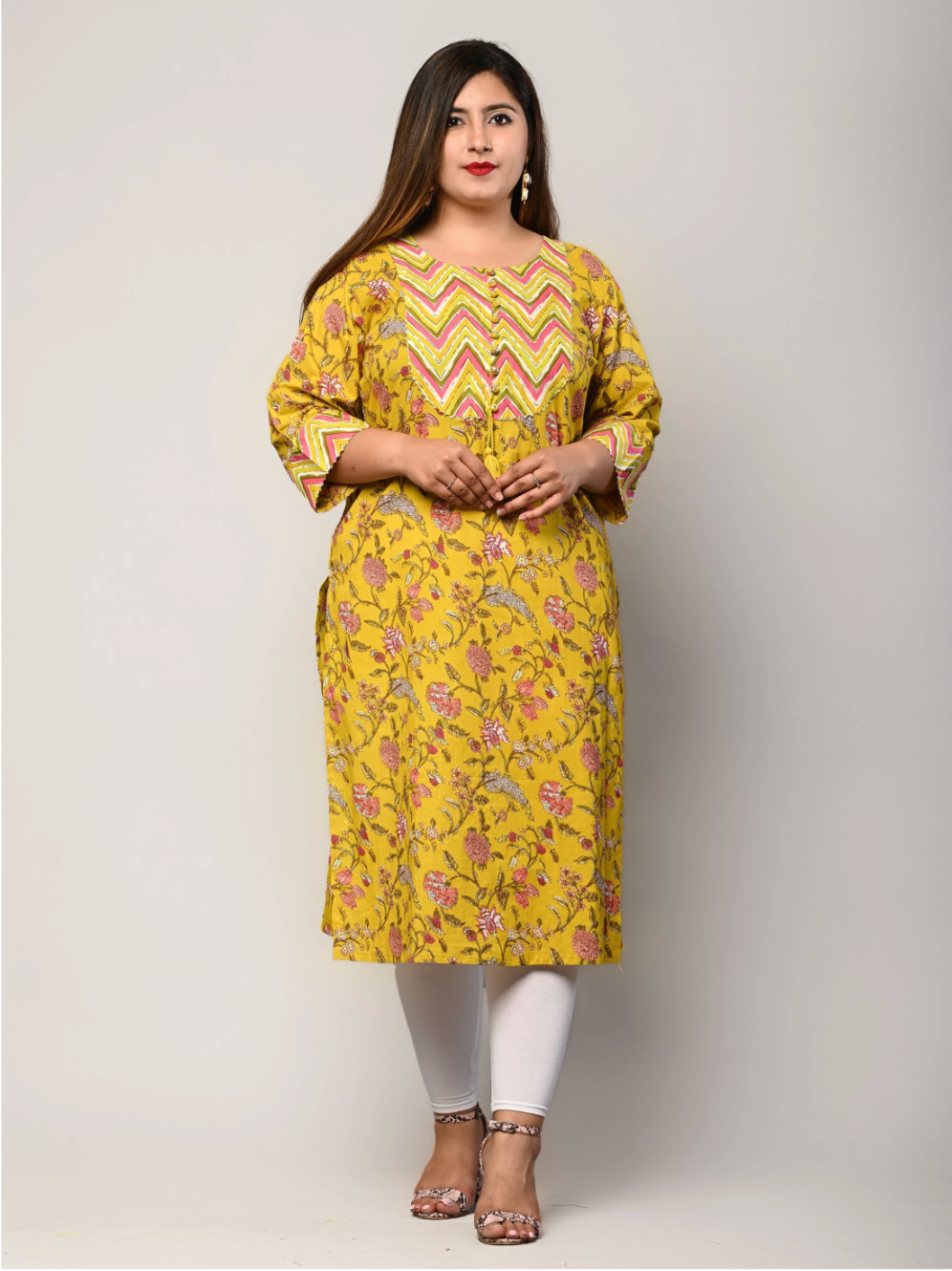 Women Printed Pure Cotton Straight Kurta (Yellow)