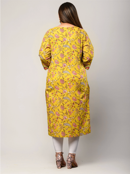 Women Printed Pure Cotton Straight Kurta (Yellow)