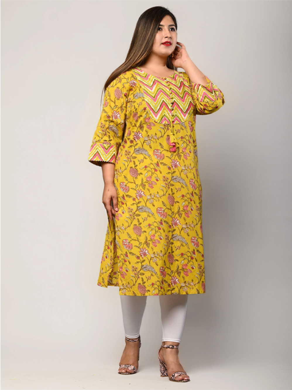 Women Printed Pure Cotton Straight Kurta (Yellow)