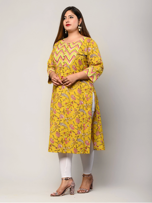 Women Printed Pure Cotton Straight Kurta (Yellow)