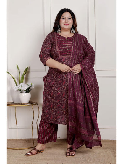 Purple Color Women Cotton Floral Kurta with Pant and Dupatta-22390330