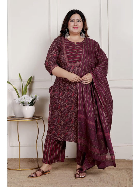 Purple Color Women Cotton Floral Kurta with Pant and Dupatta-22390330
